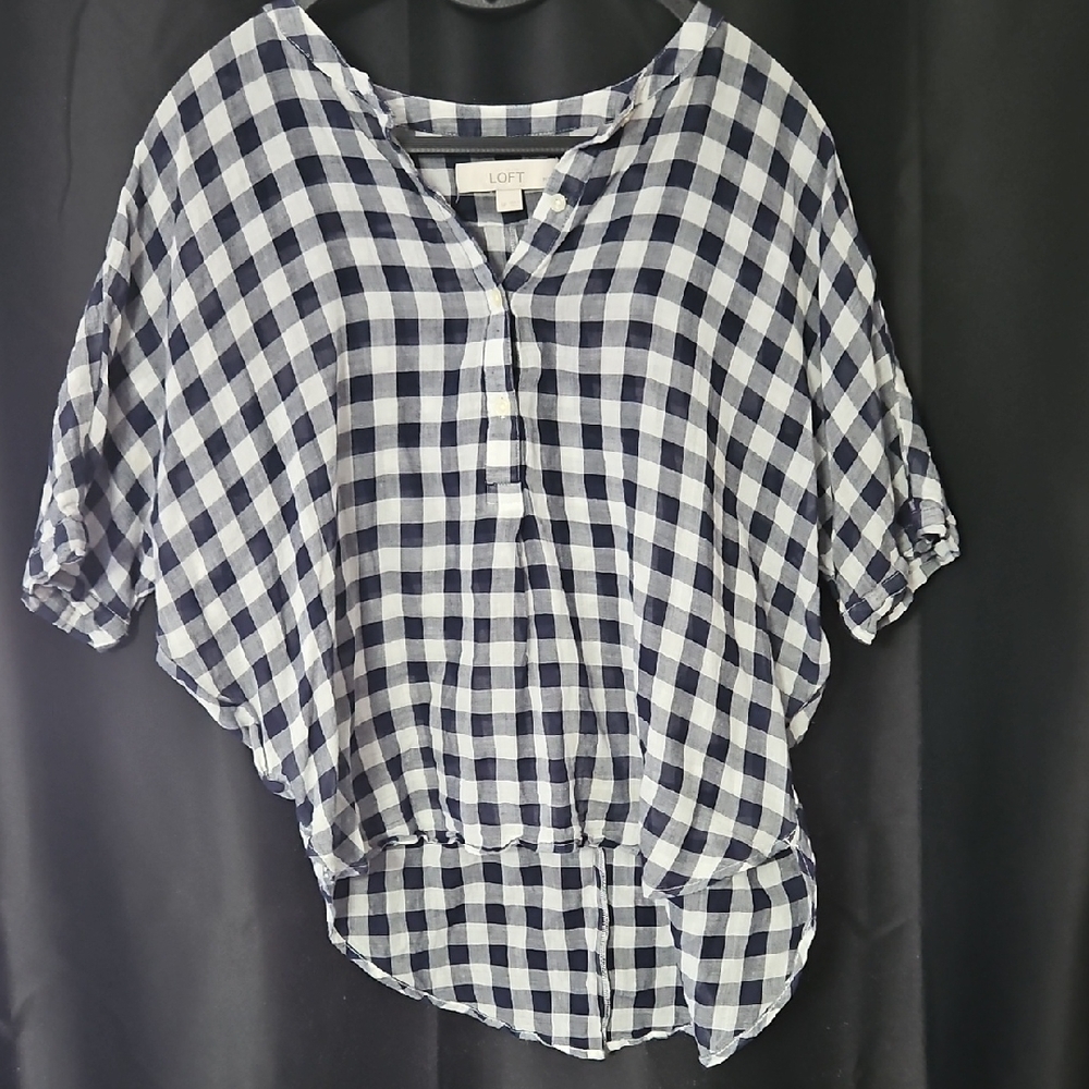 LOFT Navy and White Gingham Blouse Womens Small Petite